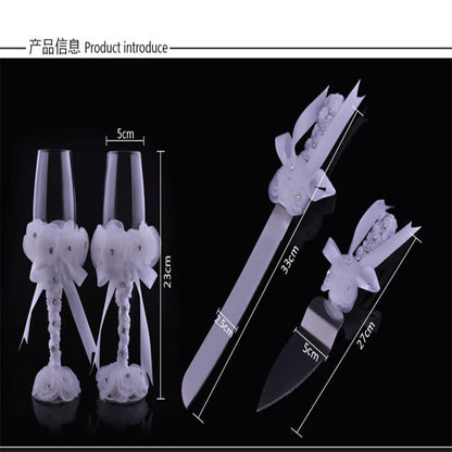 4PcsWedding Supplies Cake Knife,Pie Server Set and Wedding Champagne Glasses Set Bride and Groom Gifts for Wedding Birthday Show