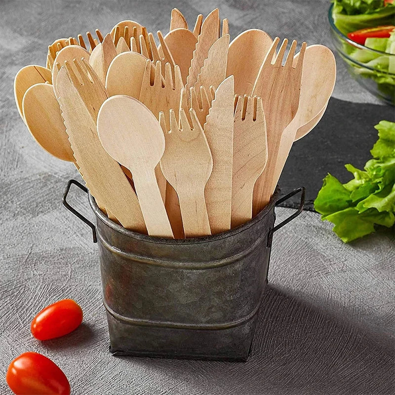 300pcs Disposable Tableware Wooden Cutlery Set Disposable Spoons Knife Fork Dessert Cake Spoons Home Party Supplies Dining Decor