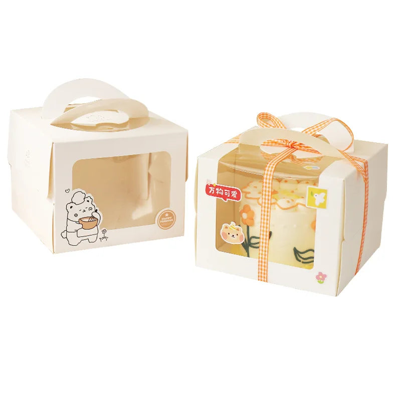 100Pcs/Lot 4 Inch Cartoon Window White Cake Box With Handle Kraft Paper Cheese Cake Box Kids Birthday Wedding Home Party Supply