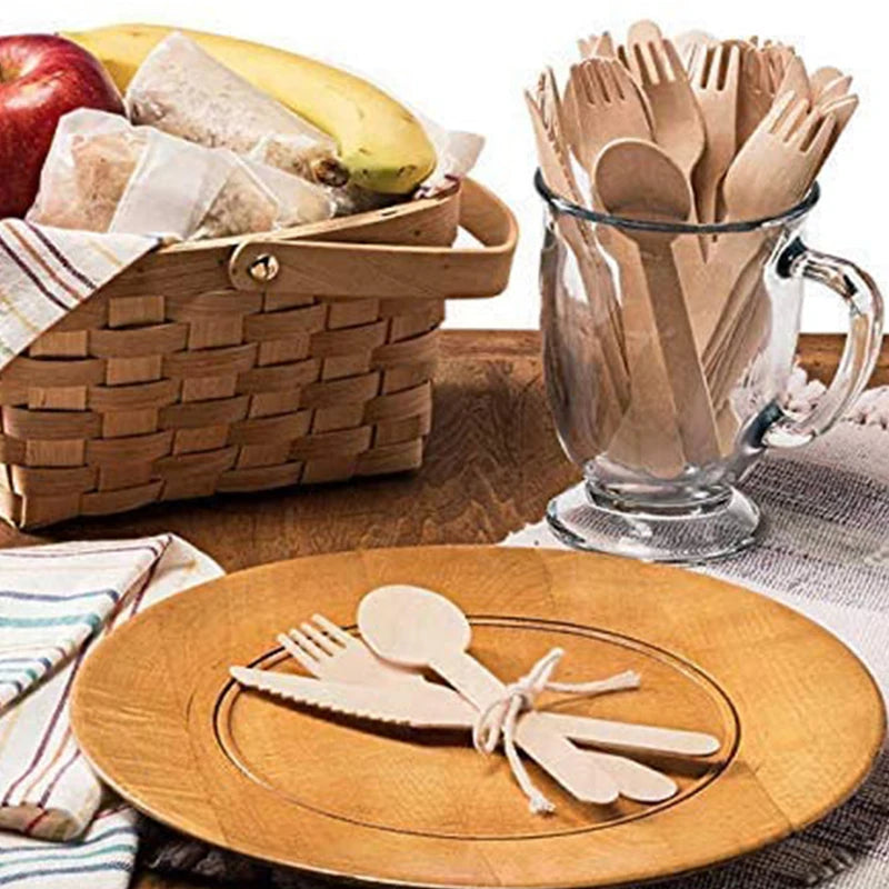 300pcs Disposable Tableware Wooden Cutlery Set Disposable Spoons Knife Fork Dessert Cake Spoons Home Party Supplies Dining Decor