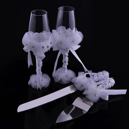 4PcsWedding Supplies Cake Knife,Pie Server Set and Wedding Champagne Glasses Set Bride and Groom Gifts for Wedding Birthday Show