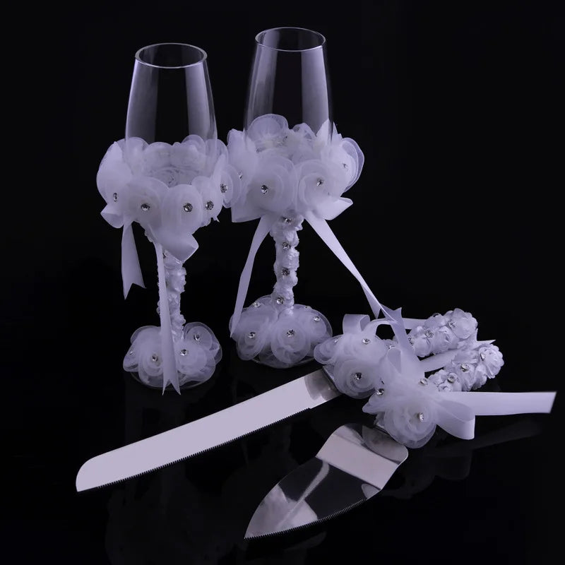 4PcsWedding Supplies Cake Knife,Pie Server Set and Wedding Champagne Glasses Set Bride and Groom Gifts for Wedding Birthday Show