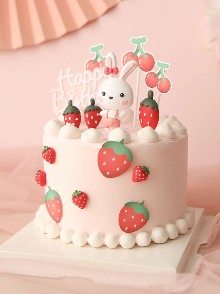 Cute Red Rabbit Strawberry Cake Toppers for Girl&