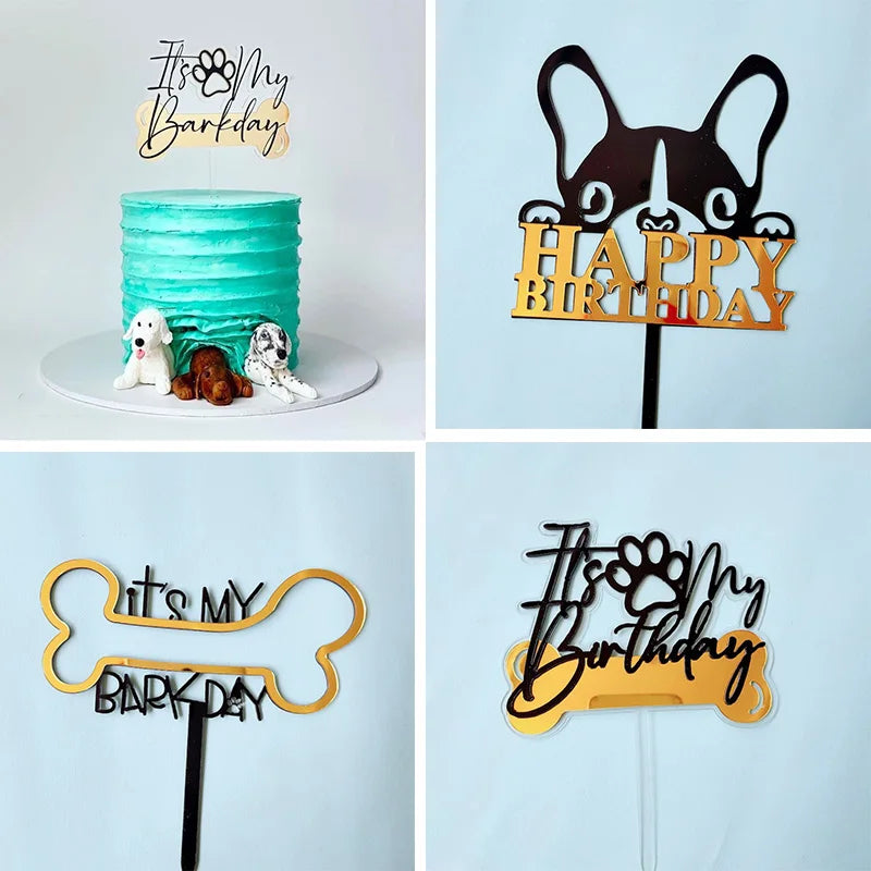 New Pet Dog Acrylic Birthday Cake Toppers It`s My Barkday Bone Paw Print Diy Cake Toppers for Dog Birthday Party Cake Decoration