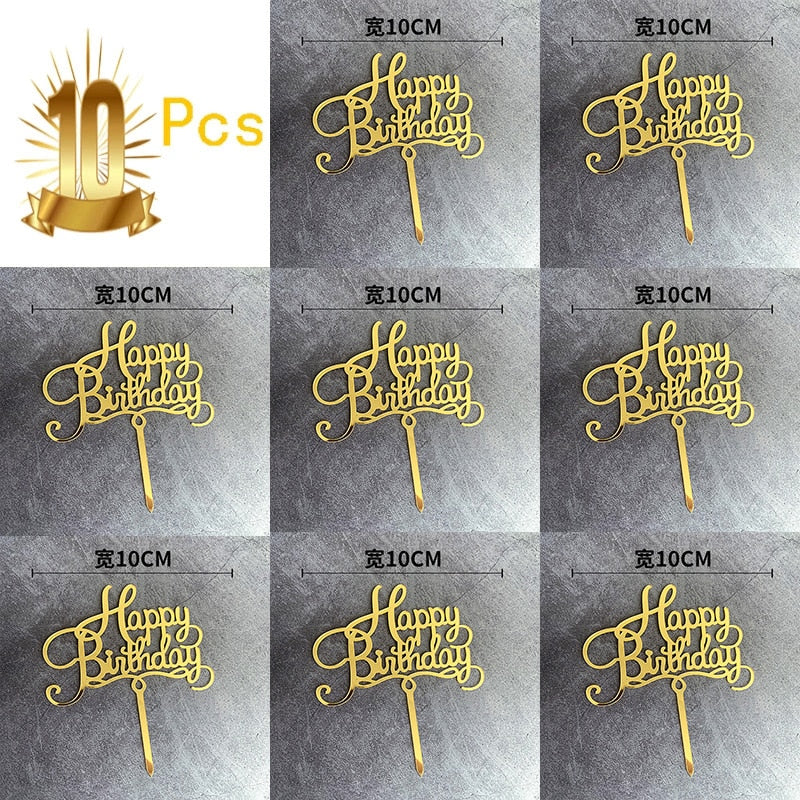 6pcs/Lot Gold Happy Birthday Acrylic Cake Toppers Gold Birhday Cake Topper for Kids Birthday Party Cake Decorations Baby Shower