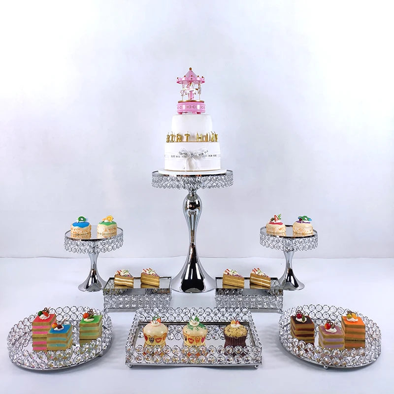 7-9 Cake Decorating Supplies Crystals Cake Stand Cupcake  Stand Wedding Plates Set Metal Round Party Dessert Display Decor Tray