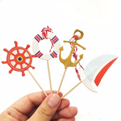 Cupcake Decorations 24pcs Mediterranean Sailor Ship Anchor Cake Topper cupcake picks flags for Kids Children Birthday Party