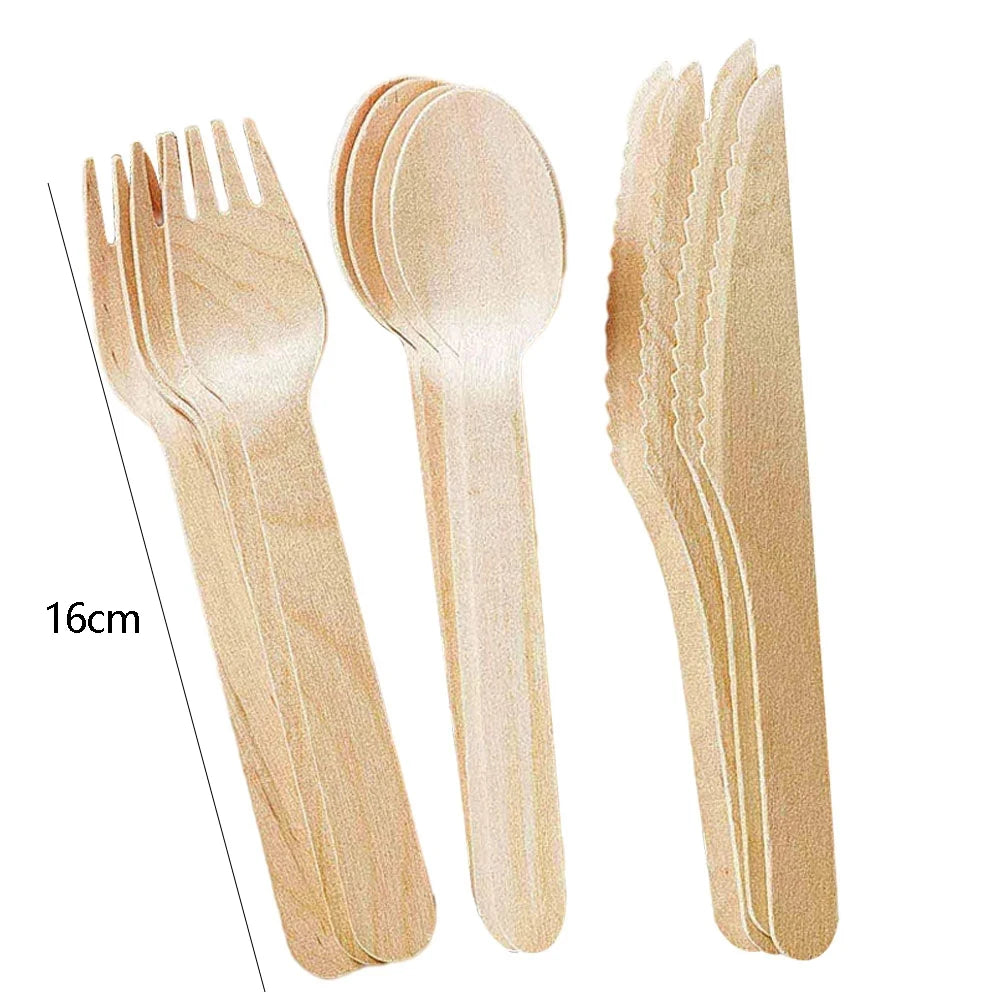 300pcs Disposable Tableware Wooden Cutlery Set Disposable Spoons Knife Fork Dessert Cake Spoons Home Party Supplies Dining Decor