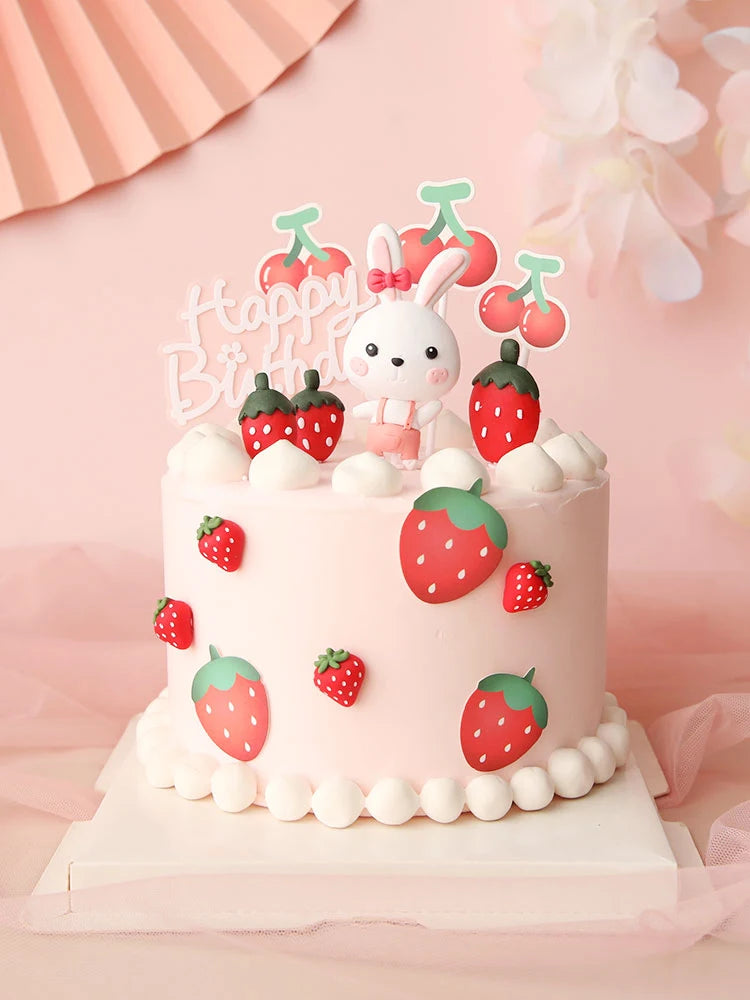 Cute Red Rabbit Strawberry Cake Toppers for Girl&