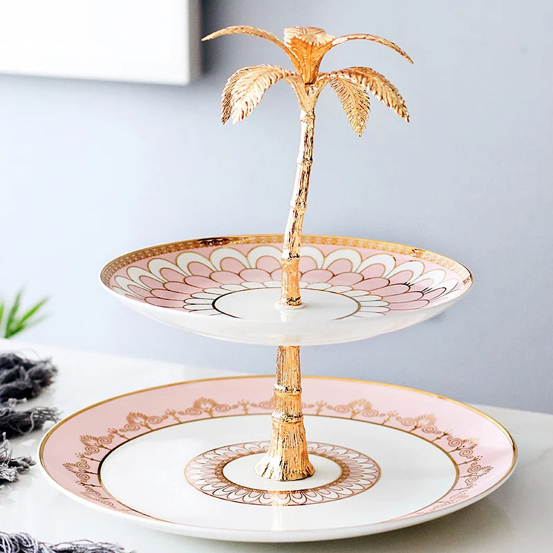 Gold Coconut Tree Statue Ceramic Plate Cake Candy Dessert Stand Rack Palm Tree Holder Home Party Festival Cake Tool Supplies