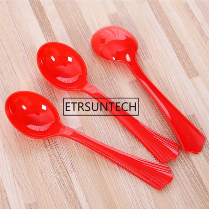 Disposable Plastic Spoon Red Spoons Ice Cream Cake Candy Cutlery Kitchen Wedding Festive Party Supplies 4000pcs