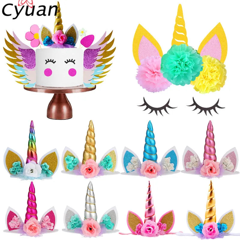 Cyuan Unicorn Birthday Cake Wings Decor Cartoon Unicorn Cake Toppers Birthday Party Decoration Kids Cupcake Wrappers Cake Topper