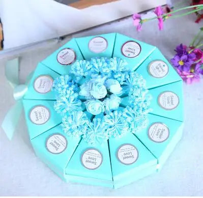 Cake Shaped Wedding Favor Candy Box Matte Paper Gift Bag With Artificial PE Rose Silk Flower For Wedding Party Supplies