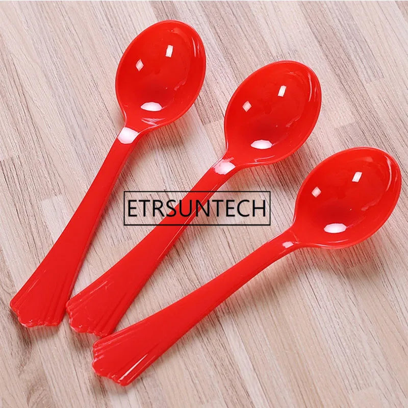 Disposable Plastic Spoon Red Spoons Ice Cream Cake Candy Cutlery Kitchen Wedding Festive Party Supplies 1000pcs