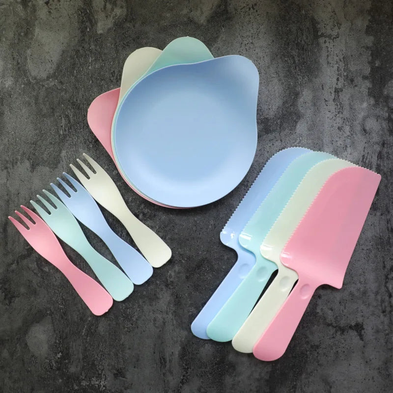 4 Colors Optional Disposable Birthday Cake Tableware Sets Fork Knife Dish Plate Fine Gift Box Party Supplies W8785