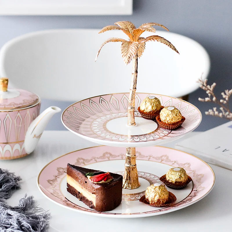 Gold Coconut Tree Statue Ceramic Plate Cake Candy Dessert Stand Rack Palm Tree Holder Home Party Festival Cake Tool Supplies