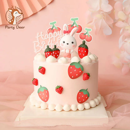 Cute Red Rabbit Strawberry Cake Toppers for Girl&