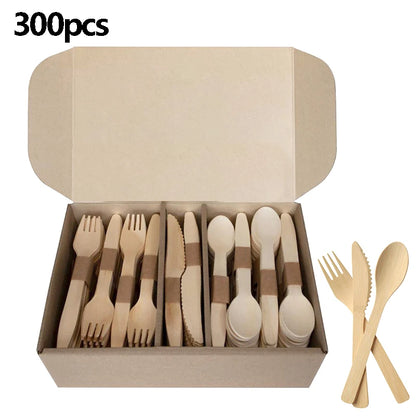 300pcs Disposable Tableware Wooden Cutlery Set Disposable Spoons Knife Fork Dessert Cake Spoons Home Party Supplies Dining Decor