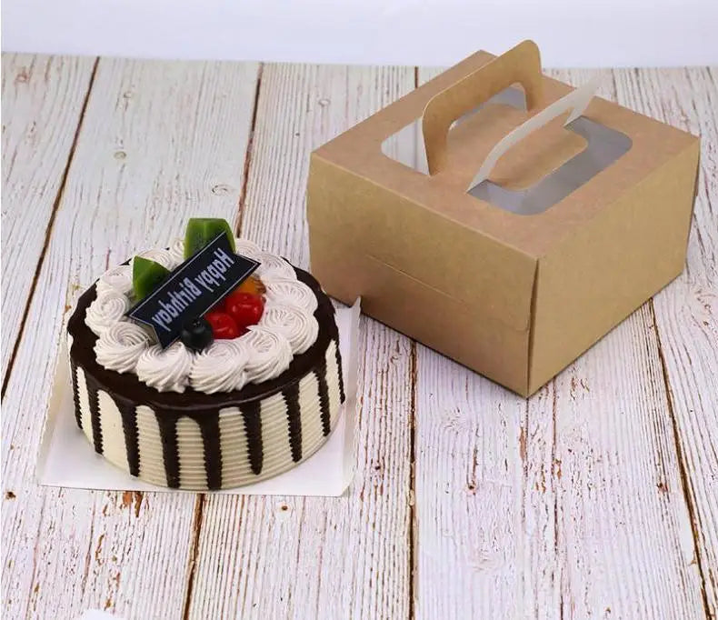 100pcs/lot 4 Inch Cake Box with Window Handle Kraft Paper Cheese Cake Box Kids Birthday Wedding Home Party Supply Wholesale