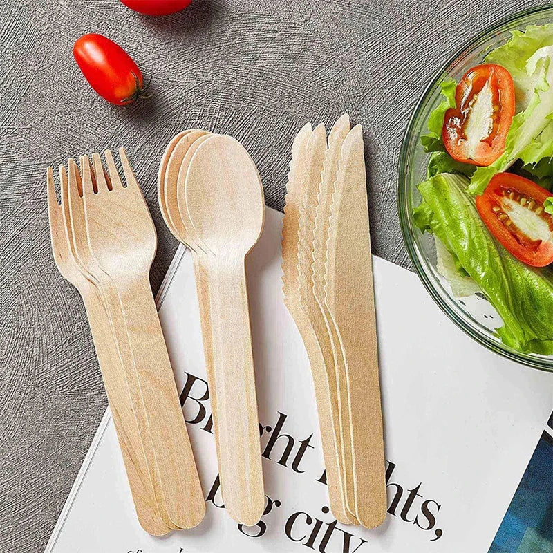 300pcs Disposable Tableware Wooden Cutlery Set Disposable Spoons Knife Fork Dessert Cake Spoons Home Party Supplies Dining Decor