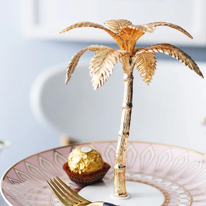 Gold Coconut Tree Statue Ceramic Plate Cake Candy Dessert Stand Rack Palm Tree Holder Home Party Festival Cake Tool Supplies
