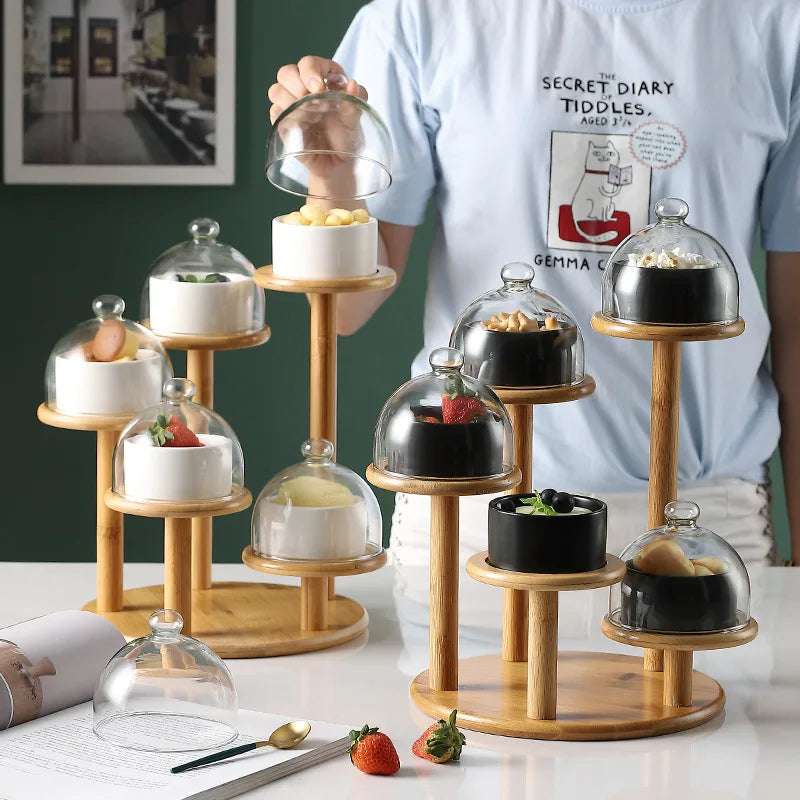 Cross-border supply of ceramic cake bowl hotel salad ice cream bowl pudding cup dessert dish rotating layer bamboo rack