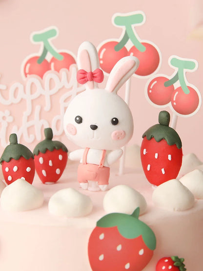 Cute Red Rabbit Strawberry Cake Toppers for Girl&