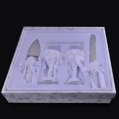 4PcsWedding Supplies Cake Knife,Pie Server Set and Wedding Champagne Glasses Set Bride and Groom Gifts for Wedding Birthday Show
