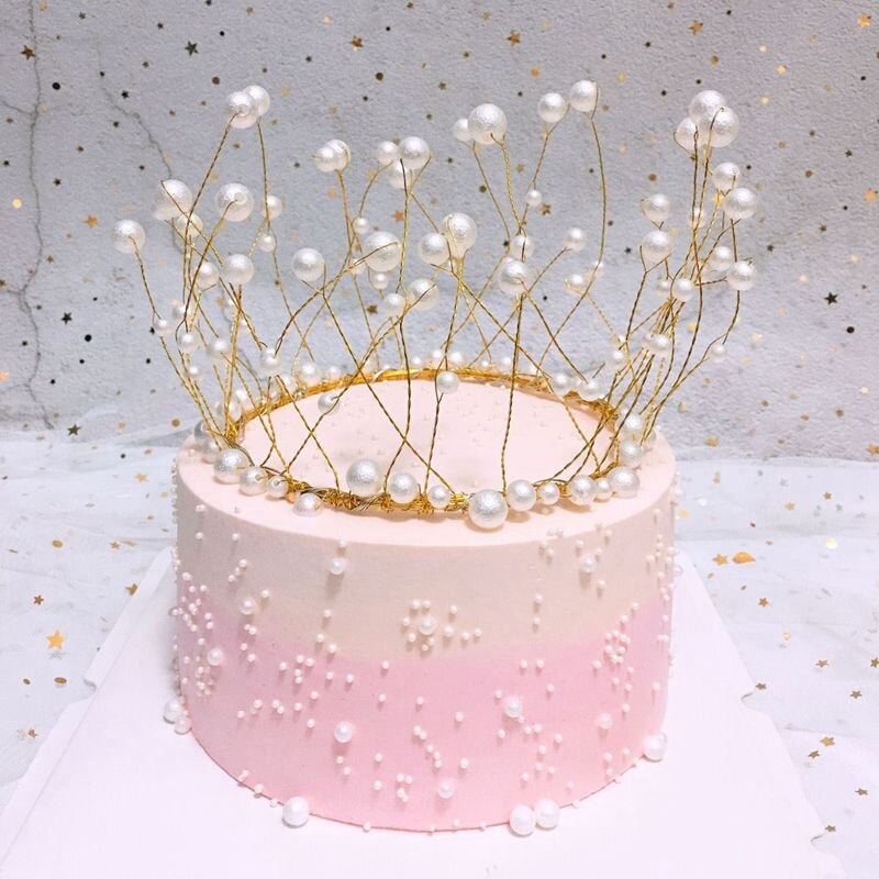 Metal Pearl Princess Crown Cake Topper Artificial Pearls Headdress Wedding Cake Decorating Baby Shower Birthday Topper Handmade