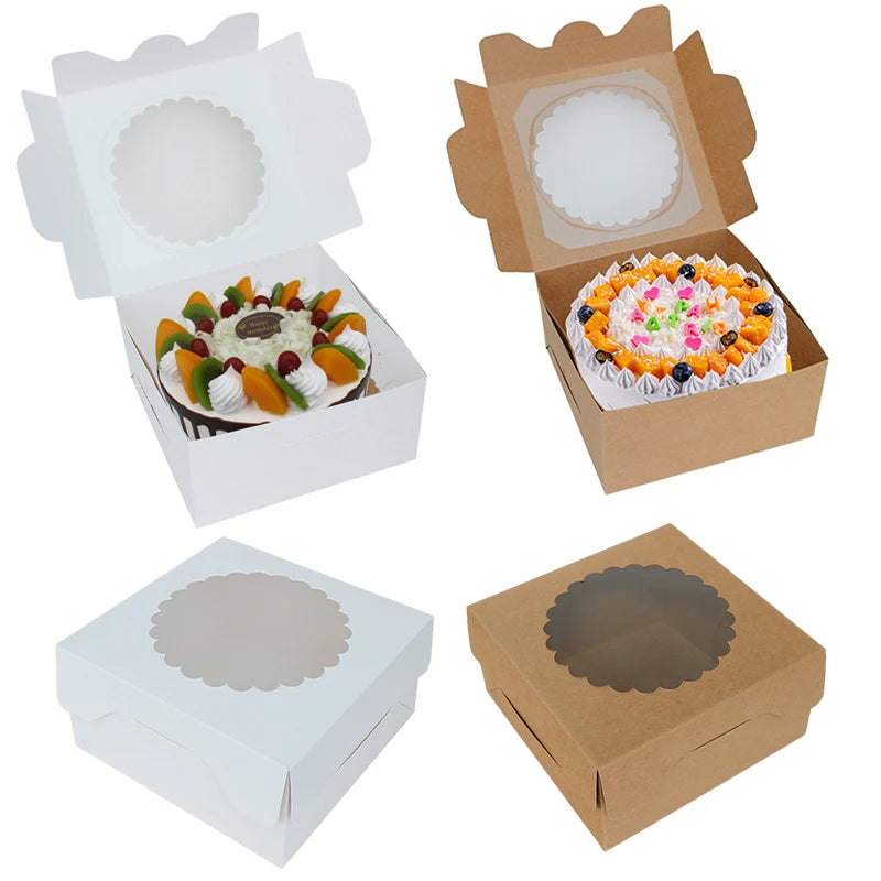 6in/8in/10in Cake Paper Box With Window Party Supplies Blank Kraft Paper Cardboard Muffin Cookies Candy Paper Box 50pcs/lot