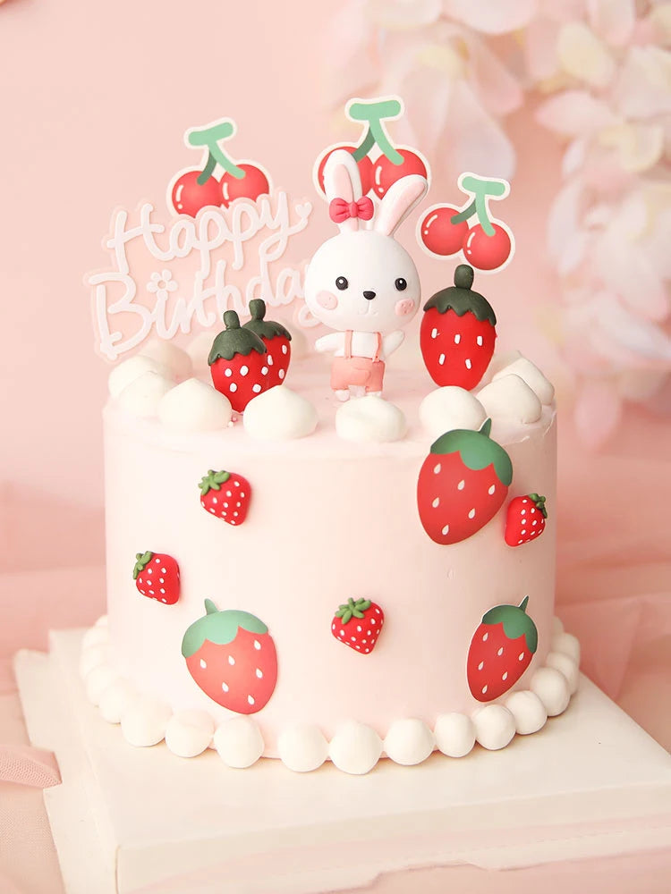 Cute Red Rabbit Strawberry Cake Toppers for Girl&