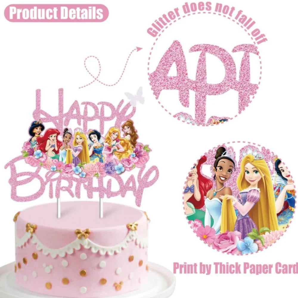 Disney Princess Cake Toppers Pink Glitter Princess Cake Decor For Baby Shower Kids Girls Birthday Party Cake Flag Decorations