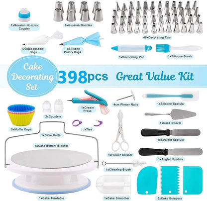 398pcs Cake Turntable Cake Decorating Tools Kit Baking Tool Rotary Table Piping Nozzles Icing Bag Set Bakeware Supplies Sets