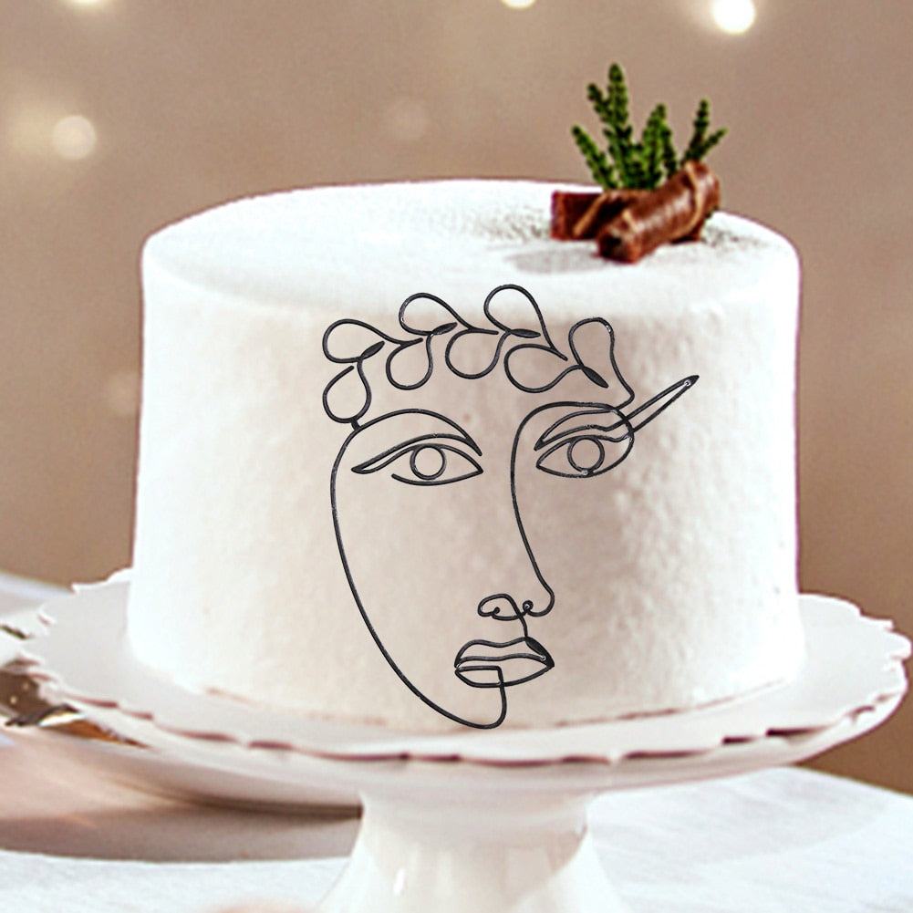 Cake Topper Personalised Artistic Outline Women Lady Face Happy Birthday Gold Silver Birthday Party Cake Insert Decoration