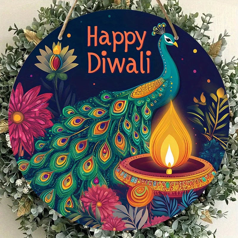 1pc Happy Diwali Decor Wooden Ornament - Flowers, Peacocks, Candles Pattern -2D Flat Products-7.87in/20cm, Wall or Door Hanging