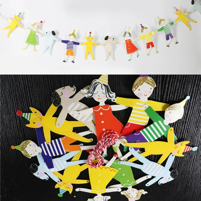 Birthday Banner Flag Boys Girls Hands In Hands Cute Cat Dog Cartoon DIY Bunting Party Decoration Paper Flags Hanging Ornaments