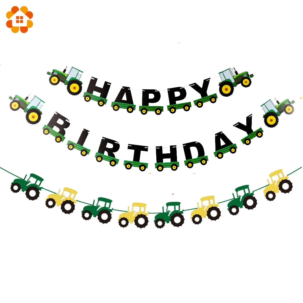 1Set Farm Tractor Vehicle Cake Toppers Paper Hanging Banners Boy&