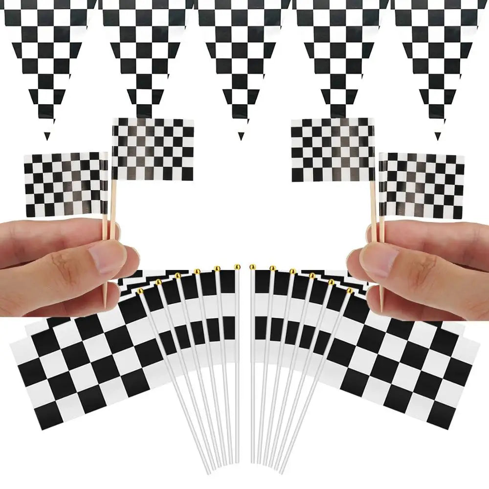 Racing car cake topper Black white plaid birthday supplies Chess Motorcycle Checkered Flags baby shower party favors for Boys