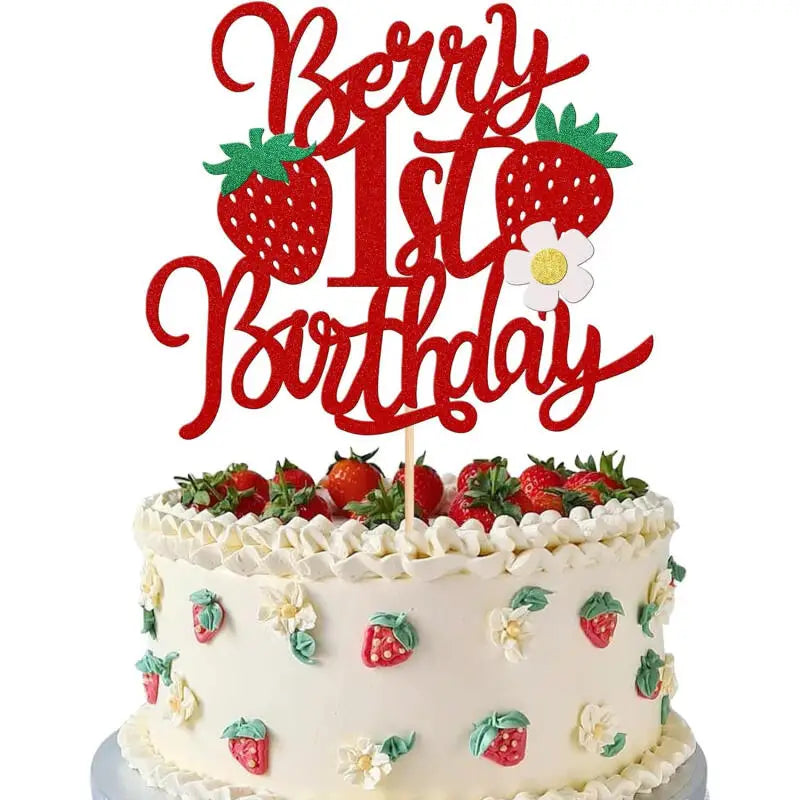 1set Strawberry Cake Topper Happy Birthday Decoration Girl 1st Birthday Party Baby Shower Cake Baking Decoration Supplies