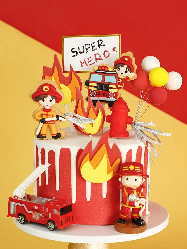 Fireman Cake Topper Cupcake Toppers Fire Hydrant Truck Firefighter Helmet Theme for Kids Boy Girl Happy Birthday Cake Decoration