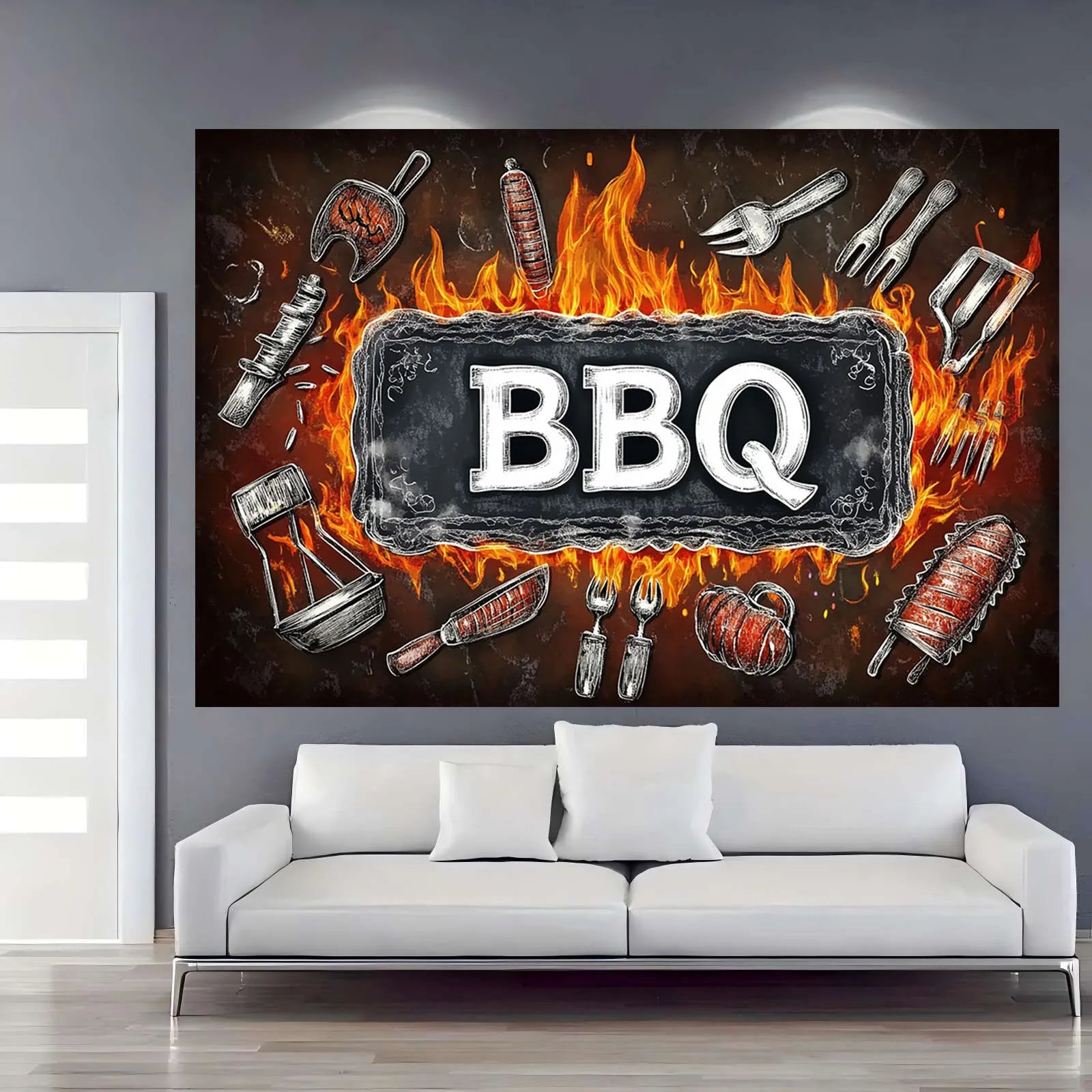 1 barbecue party banner background - polyester fabric, featuring bold barbecue letters and barbecue tool designs