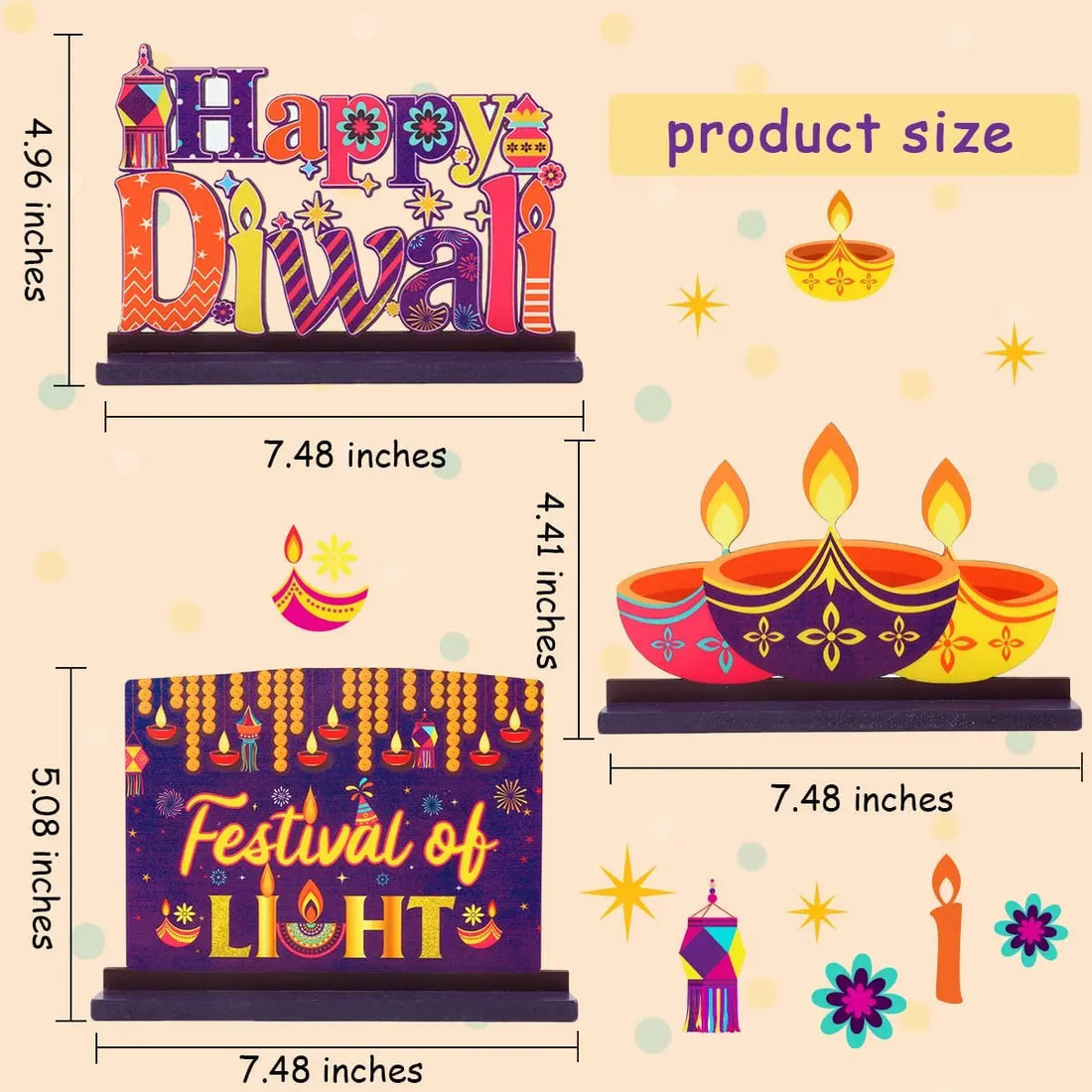 Cheereveal 3 Pcs Happy Diwali Table Decorations Indian Deepawali Wooden Centerpieces Ornament for Hindu Festival of Lights Decor