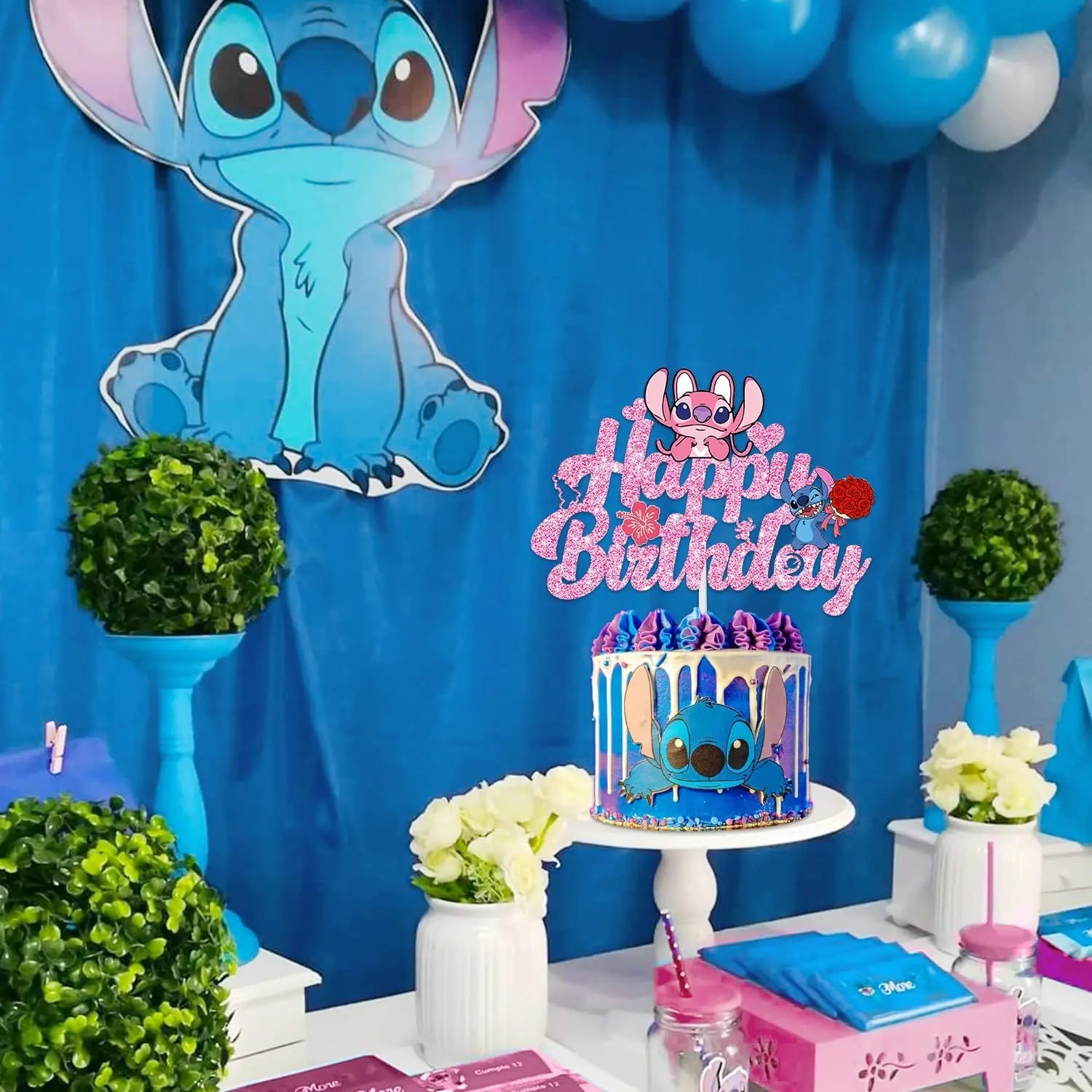Pink Lilo &amp;Stitch Cake Topper Girls Cartoon Happy Birthday Cake Decor Party Supplies for Kids Birthday Baby Shower Decoration