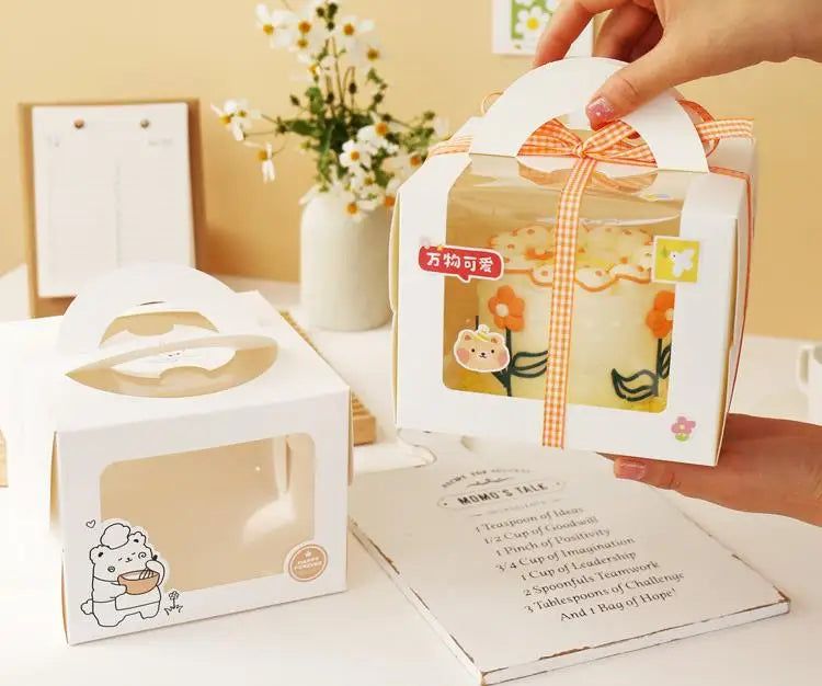 100Pcs 4 Inch Cartoon Window White Cake Box With Handle Kraft Paper Cheese Cake Box Kids Birthday Wedding Home Party Supply SN