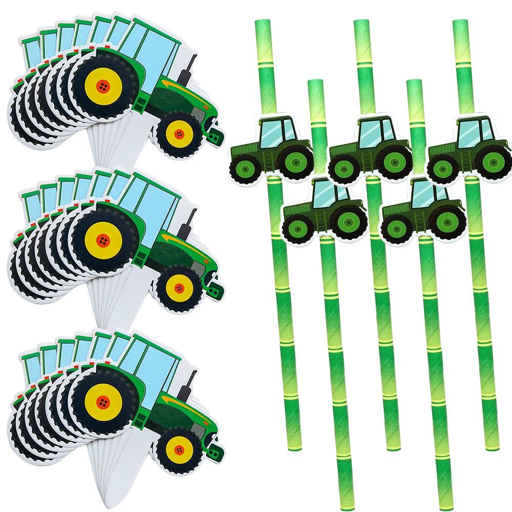 1Set Farm Tractor Vehicle Cake Toppers Paper Hanging Banners Boy&