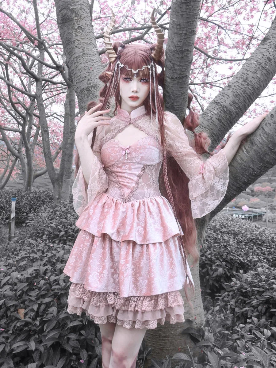 Blood Supply Original Design Romantic Pink Dress Velvet Slip Dress Lace Patch Ball Gown Cake Dress Sweet Lolita Vestidos Mujer