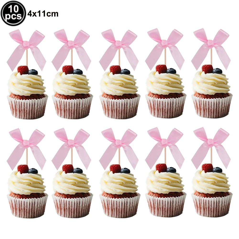 Pink Bow Cupcake Topper Pink Ballet Ribbon Bow Cake Decor Bow Themed Birthday Wedding Baby Shower Cake Topper Decor Supplies