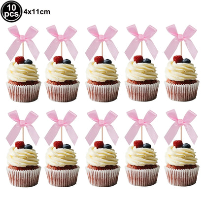 Pink Bow Cupcake Topper Pink Ballet Ribbon Bow Cake Decor Bow Themed Birthday Wedding Baby Shower Cake Topper Decor Supplies