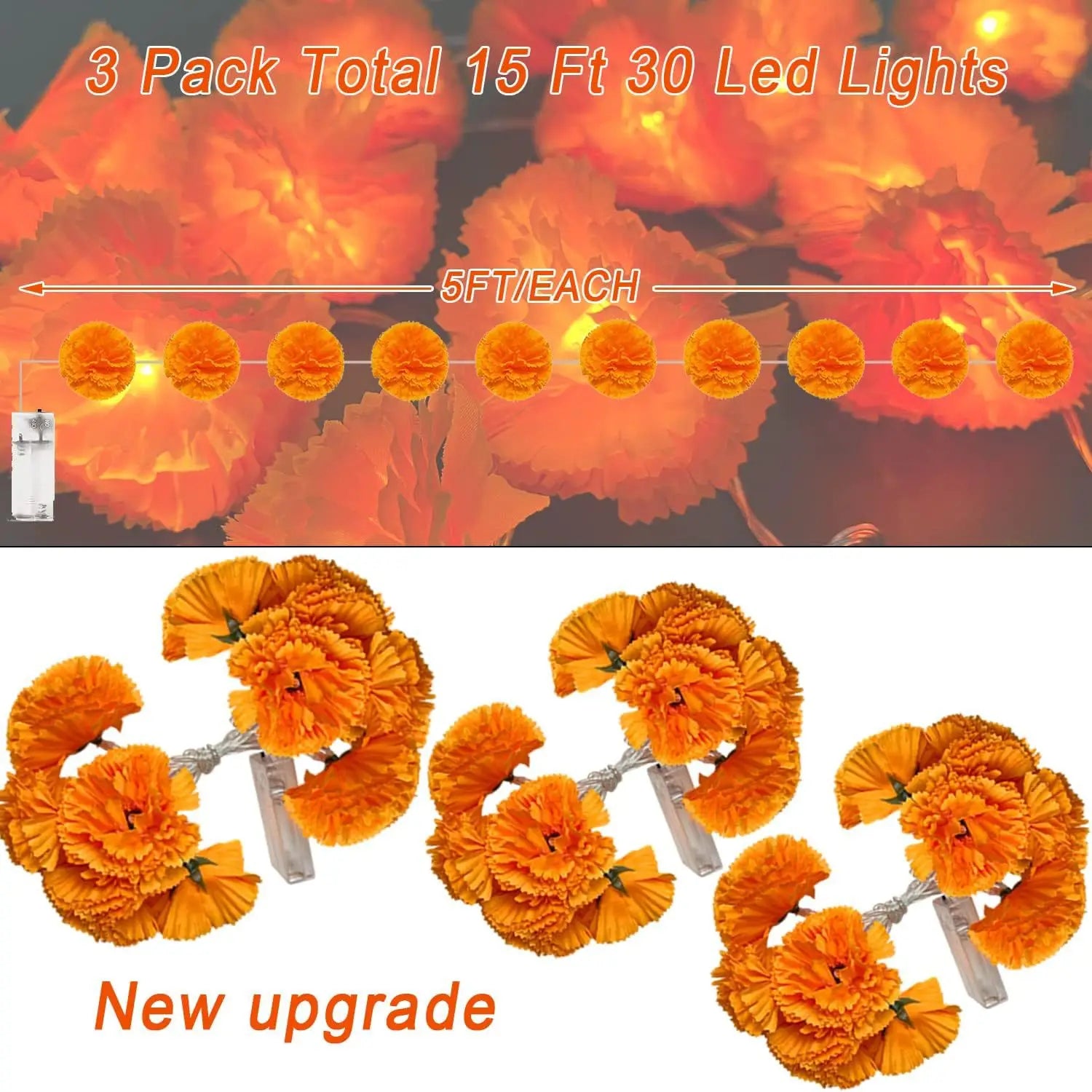 1.5/3M Mexican Marigold Artificial Flowers Day of The Dead DIY Home Outdoor Decor Halloween Diwali Party Garland String Lights