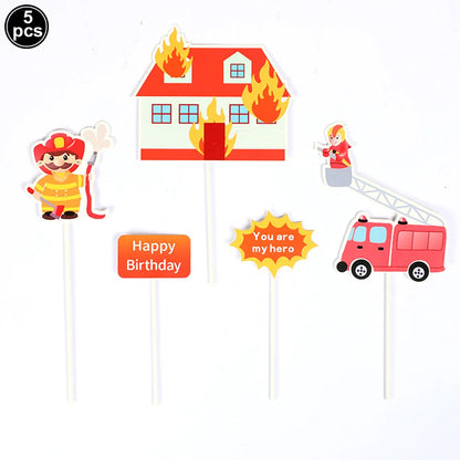 Fireman Cake Topper Cupcake Toppers Fire Hydrant Truck Firefighter Helmet Theme for Kids Boy Girl Happy Birthday Cake Decoration